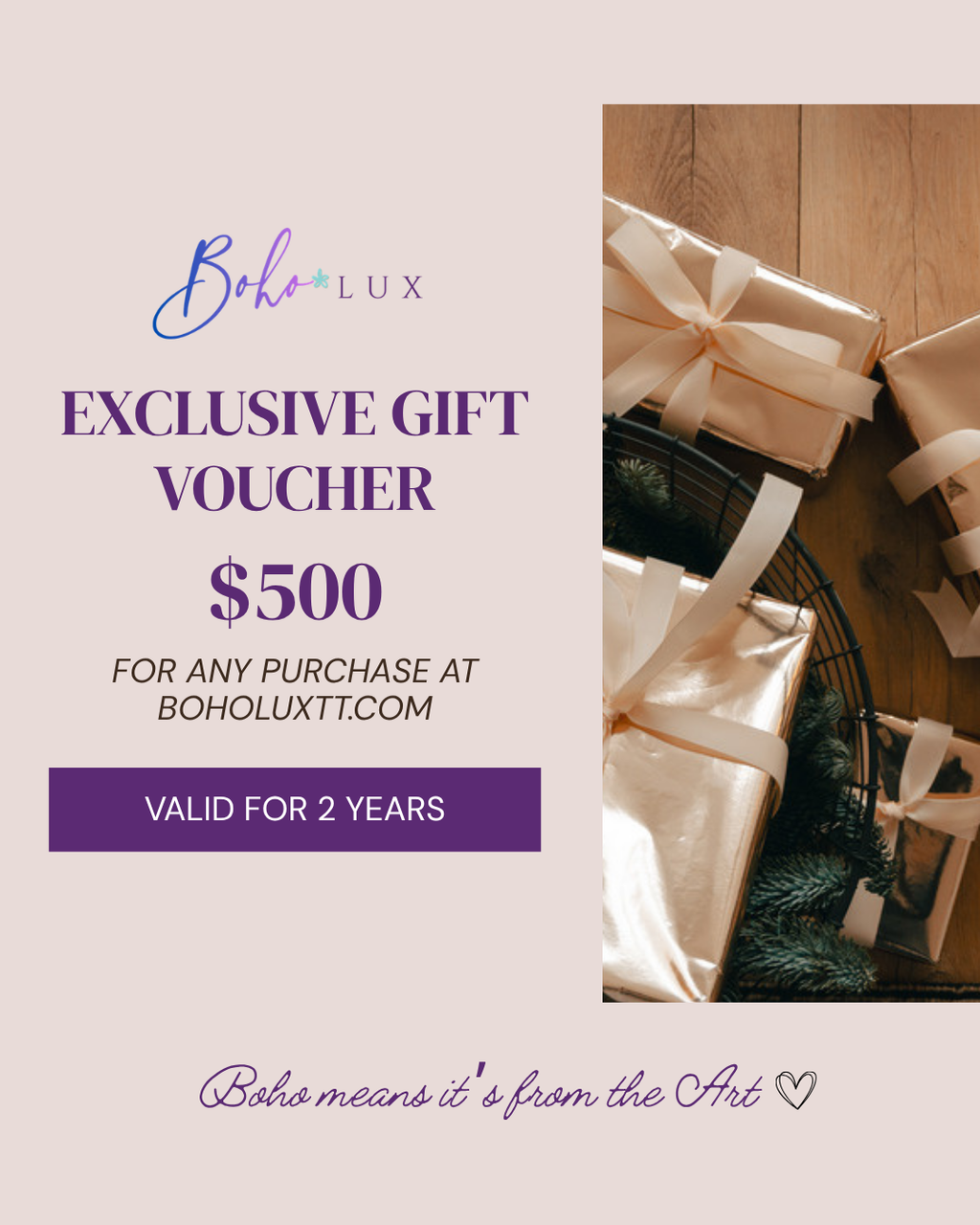 Boho Lux $500 gift certificate, valid for two years